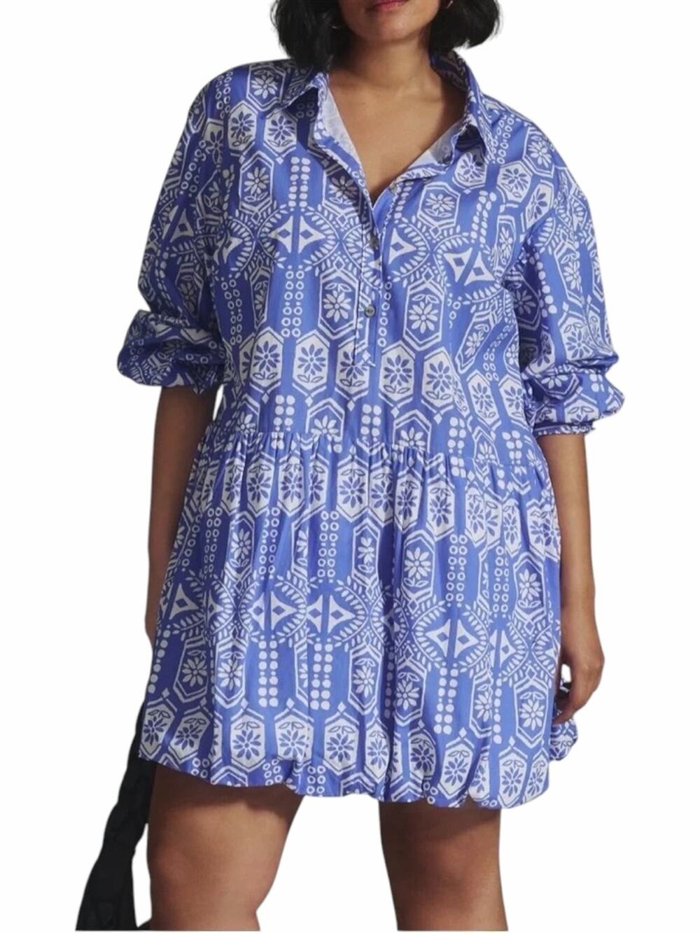 Anthropologie Maeve Blue Pattern Bubble Hem Shirt Dress Sz 1X NWT
